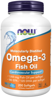 Now Omega 3 Fish Oil 1000 mg 180/120 Fish Gelatin, 200 softgel